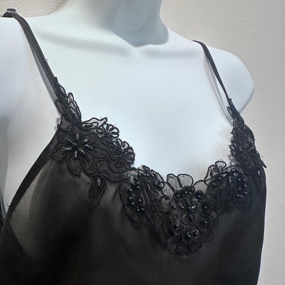 Secret Treasures Black Lace Trim Sheer Beaded Chemise Slip Dress Women's Small - Picture 2 of 9
